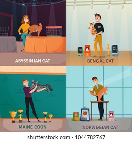 Cat show 4 cartoon icons concept with owners presenting bengal norwegian and abyssinian breeds isolated vector illustration 