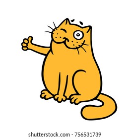 The cat shows that everything is ok. Good news. Vector Illustration. Cute emoticon character. Cheerful pet.