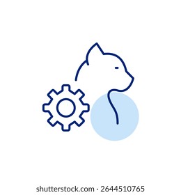Cat side view and cogwheel. Pet care app, tracking and settings. Pixel perfect, editable stroke vector icon