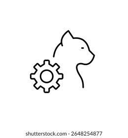 Cat side view and cogwheel. Pet care app, tracking and settings. Pixel perfect, editable stroke vector icon