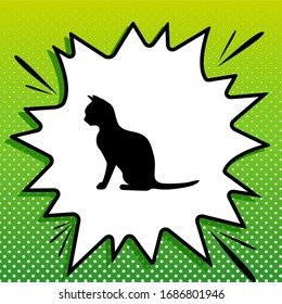 Cat sign. Black Icon on white popart Splash at green background with white spots. Illustration.