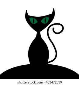 Cat sign. Image of black kitty with green eyes. Cute icon isolated on white background. Symbol of superstition. Logo for party or greeting. Mysterious animal. Mark of Halloween. Stock VECTOR