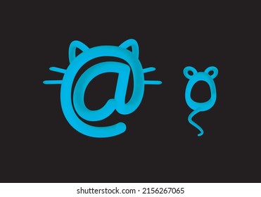 
Cat, at sign and mouse in 3d in glowing neon blue on a black background. technology and animals