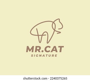 Cat signature logo design. Line art kitty, kitten vector design. Domestic animal outline graphic design