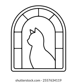 Cat Silhouette in Arched Window Frame Line Art Style