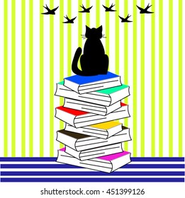 cat silhouette books birds vector illustration