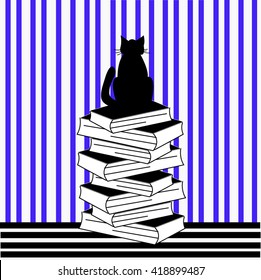 cat silhouette books lines vector illustration