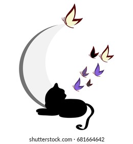 Cat silhouette with butterflies isolated on background. Vector illustration.