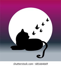 Cat silhouette with butterflies isolated on background. Vector illustration.