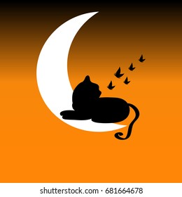 Cat silhouette with butterflies isolated on background. Vector illustration.