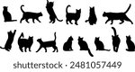 Cat silhouette clip art set, kitten isolated decorative elements, different poses for logo design
