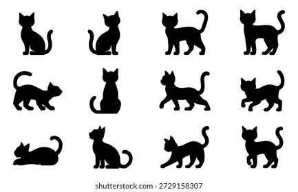 Cat silhouette collection, black kitten poses set, domestic pet animal icons