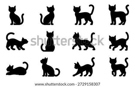 Cat silhouette collection, black kitten poses set, domestic pet animal icons