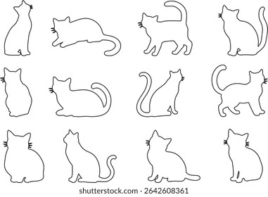 Coleção de silhuetas de gato no traçado do contorno. Conjunto de silhueta de gato. Coleção de silhuetas de gatinho.