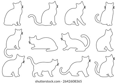 Cat silhouette collection in outline stroke. Set of cat silhouette. Kitten silhouette collection.