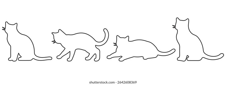 Coleção de silhuetas de gato no traçado do contorno. Conjunto de silhueta de gato. Coleção de silhuetas de gatinho.
