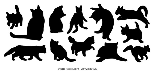 Cat Silhouette Collection - Various Poses Feline Vector Illustration, Jumping, Sitting, Playing, Walking