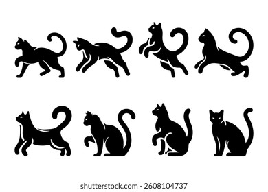 Cat Silhouette Collection. Walking, Sitting, and Jumping Black Cat Vectors