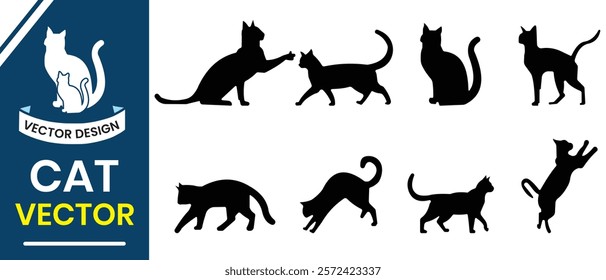 Cat silhouette in different poses. Cat silhouettes, vector icon set. Hand drawn black cat vector. Vector illustration.