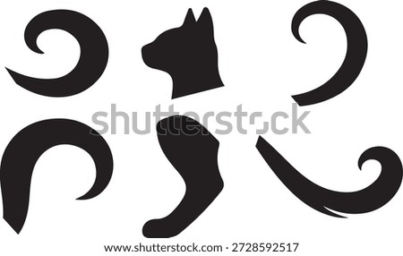 Cat Silhouette Elements Various Tails and Head for Design Isolated on White Background