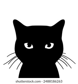 Cat silhouette with eyes and whiskers. Cat looking at camera. Hand drawn vector illustration