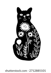 cat silhouette with floral pattern inside illustration