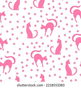 cat silhouette and footprints, seamless pattern, vector illustration