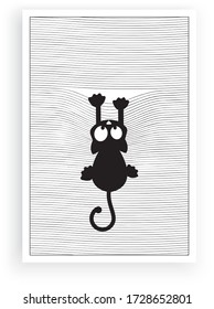 Cat silhouette in front of a window, vector. Falling cat. Window blinds illustration. Fun cartoon character. Art design, artwork.  