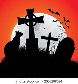 CAT SILHOUETTE WITH A FULL MOON BACK AND OBSERVING A SPIDER ON A GRAVE IN A CEMETERY WITH BATS FLYING IN THE SKY