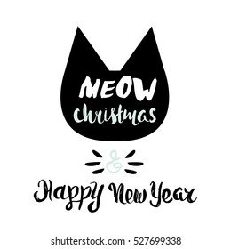 Cat silhouette with greeting text. Meow Christmas and Happy New Year. Vector Illustration