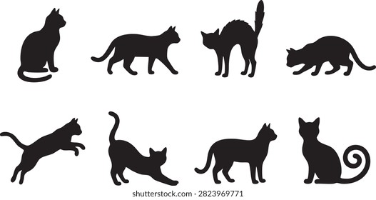 Cat silhouette icon set with black standing sitting walking and playful pose illustrations