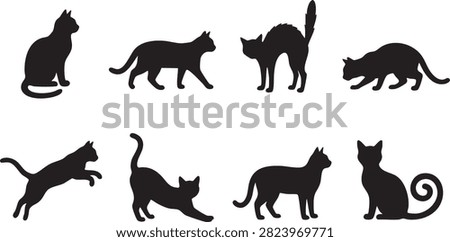 Cat silhouette icon set with black standing sitting walking and playful pose illustrations