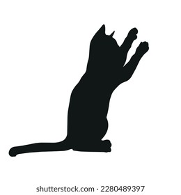 Cat silhouette illustration, sitting cat raises its paws, playing cat