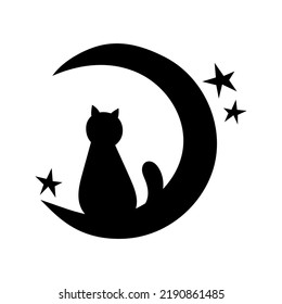 Cat silhouette, isolated on white background. Vector illustration, traditional Halloween decorative element. Halloween silhouette black 
cat on crescent moon with stars  - for design, decor and cricut