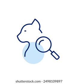 Cat silhouette and magnifying glass. Veterinary health checkup service. Pixel perfect, editable stroke icon