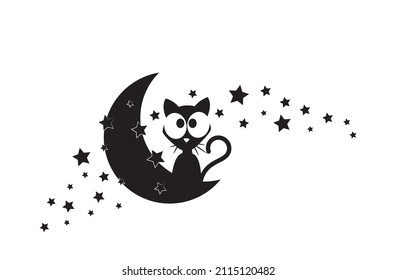 Cat Silhouette On Moon With Stars, Vector. Funny Cartoon Illustration. Children Wall Decals, Kids Wall Artwork Isolated On White Background, Minimalist Poster Design