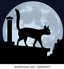 Cat. Silhouette of a cat on the roof, on a background of the moon. Vector illustration. 
