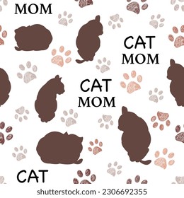 Cat silhouette paw prints Cat mom text. Seamless fabric design pattern