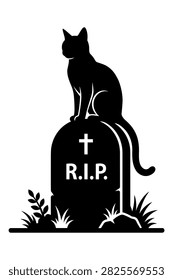 Cat silhouette perched atop a grave marker with cross and RIP text. Scary cemetery graphic.