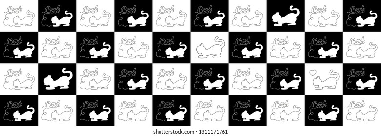 Cat silhouette playing with thread seamless pattern. Black and white vector backdrop illustration