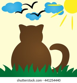 Cat Silhouette rear view. Cat peacefully resting in the grass. Clouds, sun, a schematic image of a bird. Colorful poster, card for kids. Simple abstract illustration.