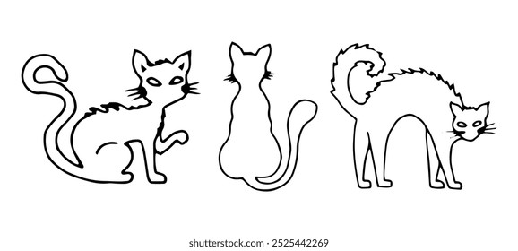 Cat silhouette set. Black outline drawing for Halloween. Hand drawn graphic clipart. Cute pets. Linear animal illustration for decor and design of party invitation, holiday. Simple doodle style.