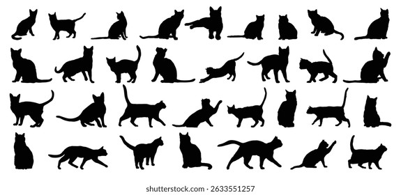 conjunto de silhuetas de gato. gato ou gatinho isolado animal silhueta ícone vetor coleção. Ilustração vetorial