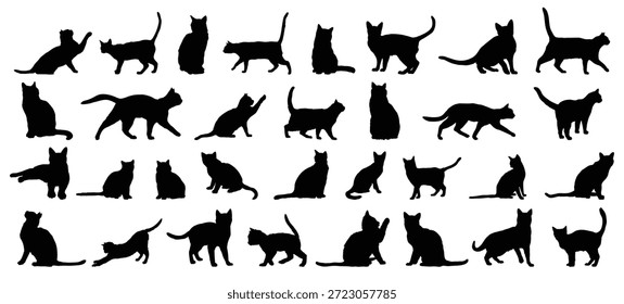Katzensilhouettensatz. Katze oder Kätzchen einzeln Bauernhof Tier Silhouette Symbol Vektorgrafik Sammlung. Vektorgrafik