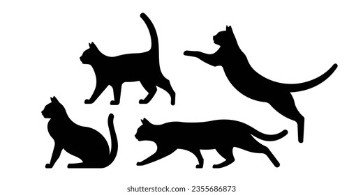 Cat silhouette set - standing pose, sitting, walking, jumping and prowling cat, catching cat. Feline black shapes for design, stencil, decor. Elegant pets outlines. Vector illustration, isolated