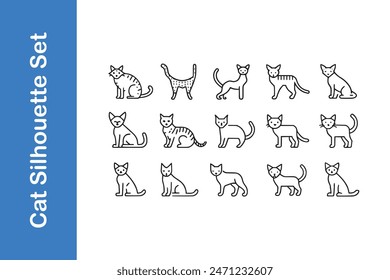 Cat Silhouette set with vector outline. 