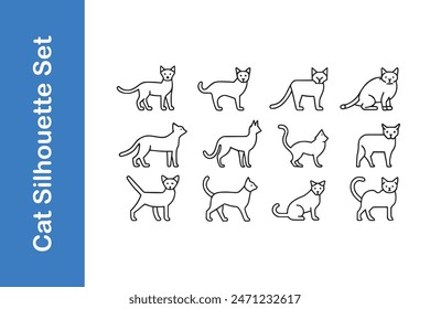 Cat Silhouette set with vector outline. 