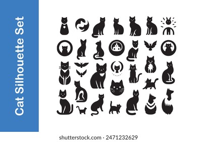 Cat Silhouette set with vector outline. 