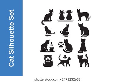 Cat Silhouette set with vector outline. 