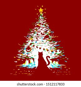 Cat Silhouette Shiny Christmas Tree Illustration Tee Shirt Wallpaper Card Logo Graphic Design